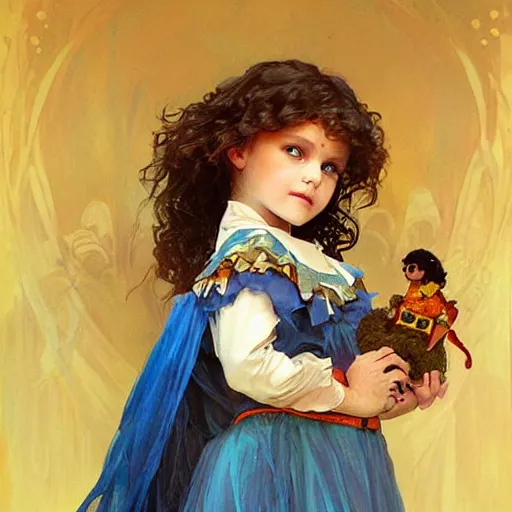 Prompt: a little girl with short wavy curly hair and blue eyes in the most amazing children's halloween costume. painting by artgerm and greg rutkowski and alphonse mucha.