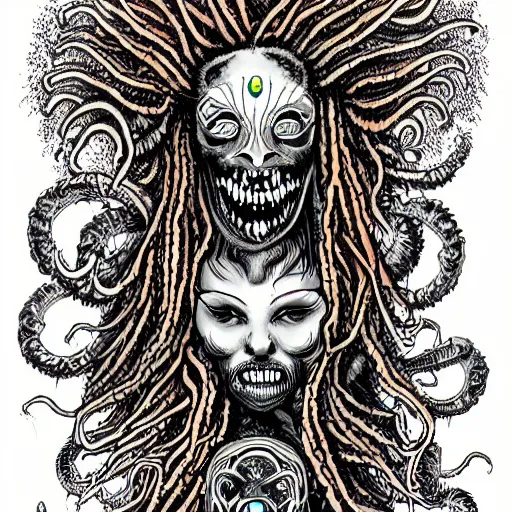 Image similar to a chaotic psychedelic monster with dreadlocks, cosmic horror