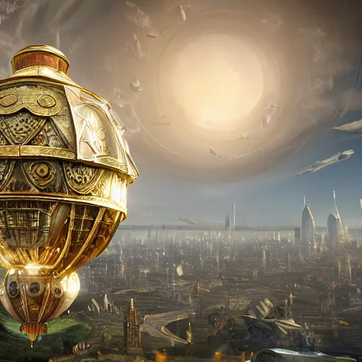 Image similar to enormous flying city in a faberge egg encircled by giant metallic petals, cloudy sky background, steampunk, fantasy art, masterpiece, unreal engine