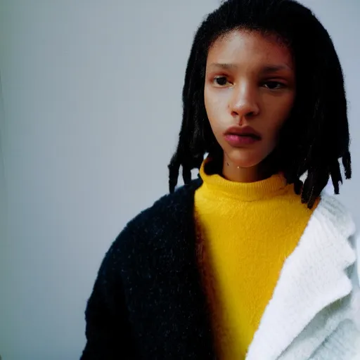 Image similar to realistic! photoshoot for a new balenciaga lookbook, color film photography, portrait of a beautiful woman, photo in style of tyler mitchell, 35mm