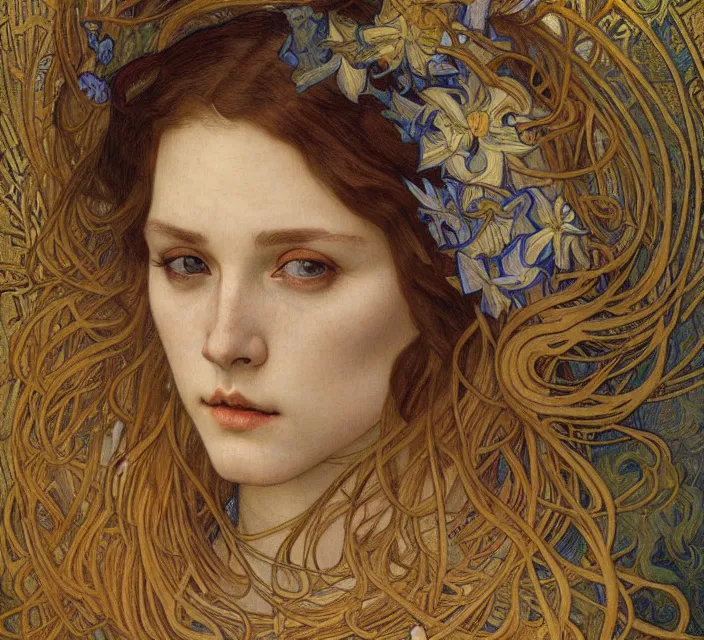 Image similar to detailed realistic beautiful young medieval queen face portrait by jean delville, alphonse mucha, vincent van gogh, and marco mazzoni, art nouveau, symbolist, visionary, gothic, pre - raphaelite