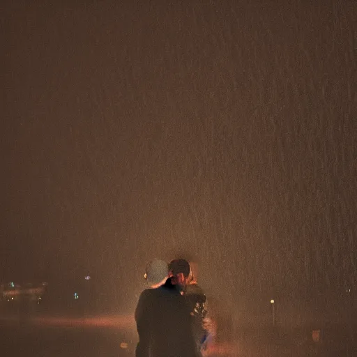 Image similar to an emotional dark picture of two shadowy figures hugging each other, it is raining, 35mm, motion blur