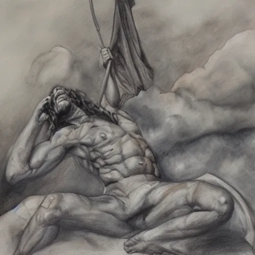 Image similar to the devil being cast down from heaven charcoal and water color masterpiece painting, hyperrealism, 4 k