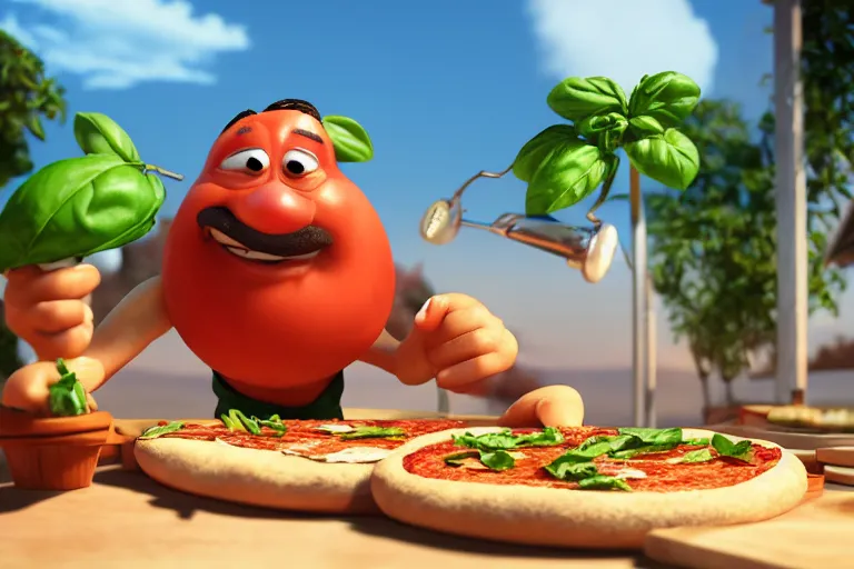 Prompt: a tomato and basil character as a pizza chef serving pizza from a wood fired pizza oven on a tropical beach, sunset, ultra realistic refractions, extremely detailed 3 d render, octane render, octane, ray tracing, evening sky, 4 k, pixar