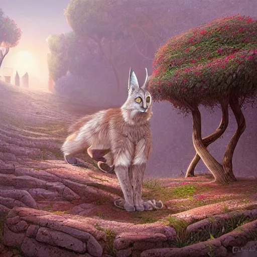 Image similar to cute fluffy caracal in ancient greek town, a beautiful landscape by gediminas pranckevicius