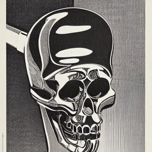 Image similar to “A robot skull with a mirror finish, held by a shiny robot hand; Showing subtle reflection of the room; Artist, Maurits Cornelis Escher, Dutch, 1898-1972 ;Date, 1935 ; Lithograph printed in black ink on wove paper; Detailed gallery print”