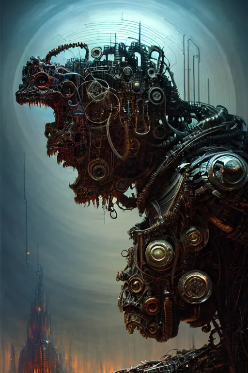 Image similar to A photorealistic 3d render of a robot monster cyborg made of circuits wide view shot by ellen jewett , tomasz alen kopera and Justin Gerard symmetrical features, ominous, magical realism, texture, intricate, ornate, royally decorated, android format, windows, many doors, roofs, complete house , whirling smoke, embers, red adornments, red torn fabric, radiant colors, fantasy, trending on artstation, volumetric lighting, micro details, 3d sculpture, ray tracing, 8k