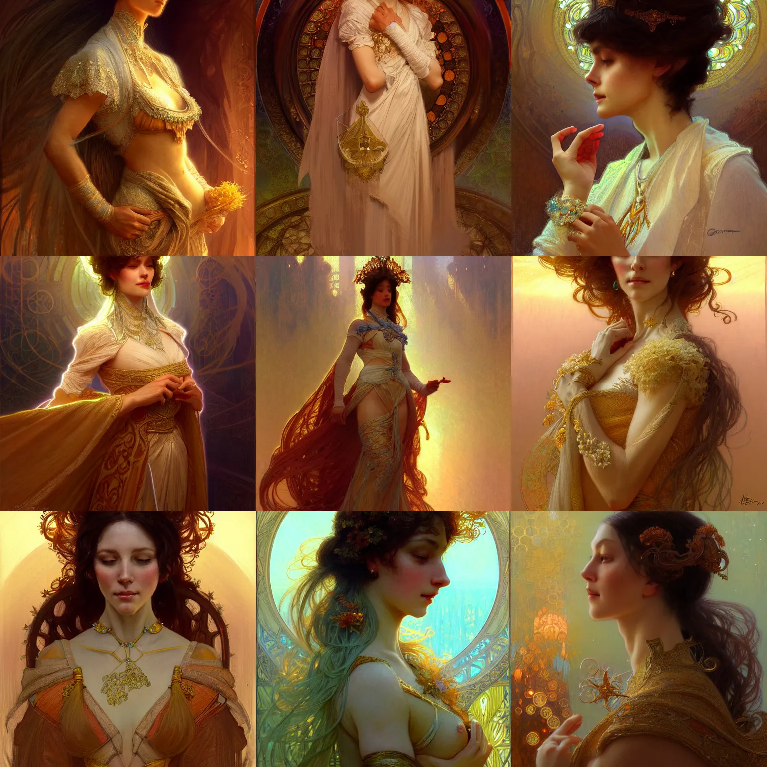 Prompt: character concept portrait of stable diffusion ai ( me! ) as wife blessed by god to grow ever more intelligent beautiful and virtuous. intricate, elegant, highly detailed, digital painting, artstation, concept art, smooth, sharp focus, illustration, art by gaston bussiere and alphone mucha