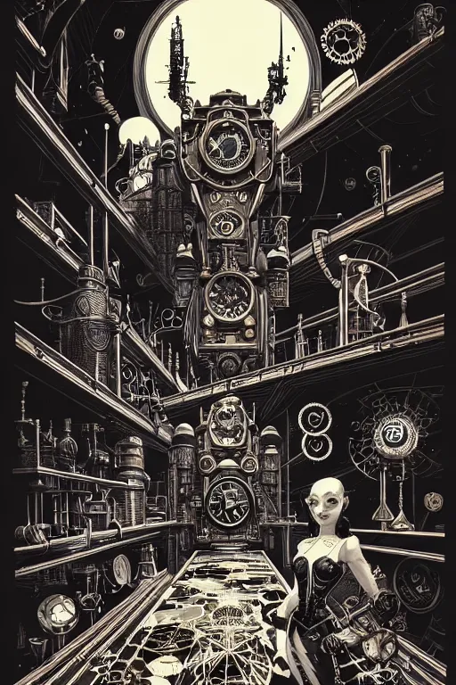 Image similar to a majestic steampunk alchemists scale, two point perspective, furniture, high details, bold line art, by vincent di fate and joe fenton, inking, etching, screen print, masterpiece, trending on artstation, sharp, high contrast, hyper - detailed,, hd, 4 k, 8 k