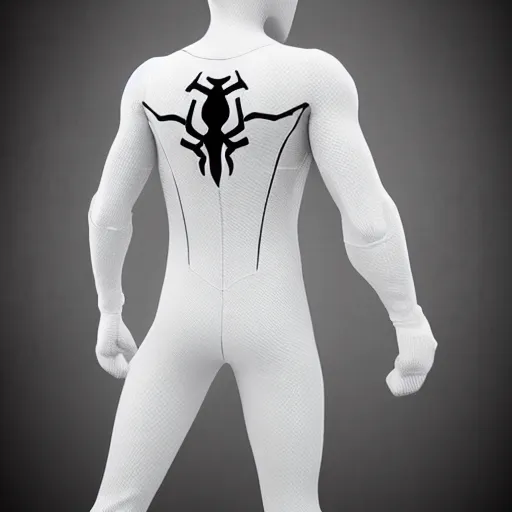 Image similar to white spider - man suit with black web lining, cinematic, volumetric lighting, realistic, hyperdetailed, photorealistic, photograph