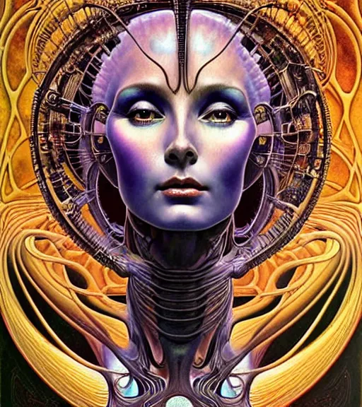 Prompt: detailed realistic beautiful young cher alien robot as queen of andromeda galaxy portrait, art nouveau, symbolist, visionary, baroque, giant fractal details. horizontal symmetry by zdzisław beksinski, iris van herpen, raymond swanland and alphonse mucha. highly detailed, hyper - real, beautiful
