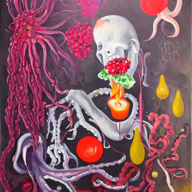 Prompt: portrait of a female art student falling asleep, scientific research, crashcart, x - ray, sensual, blossom, squashed berries dripping, octopus, candlelight, neo - impressionist, surrealism, acrylic and spray paint and oilstick on canvas