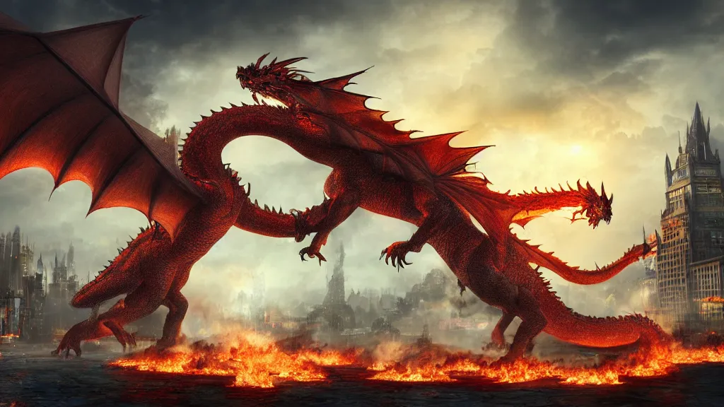 Prompt: a huge fire breathing dragon attacks a fantasy city, 4k digital art, highly detailed