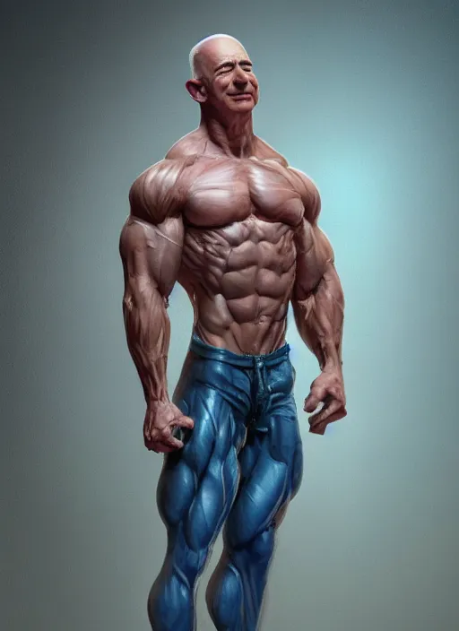 Image similar to jeff bezos a muscular bodybuilder, au naturel, hyper detailed, digital art, trending in artstation, cinematic lighting, studio quality, smooth render, unreal engine 5 rendered, octane rendered, art style by klimt and nixeu and ian sprigger and wlop and krenz cushart.