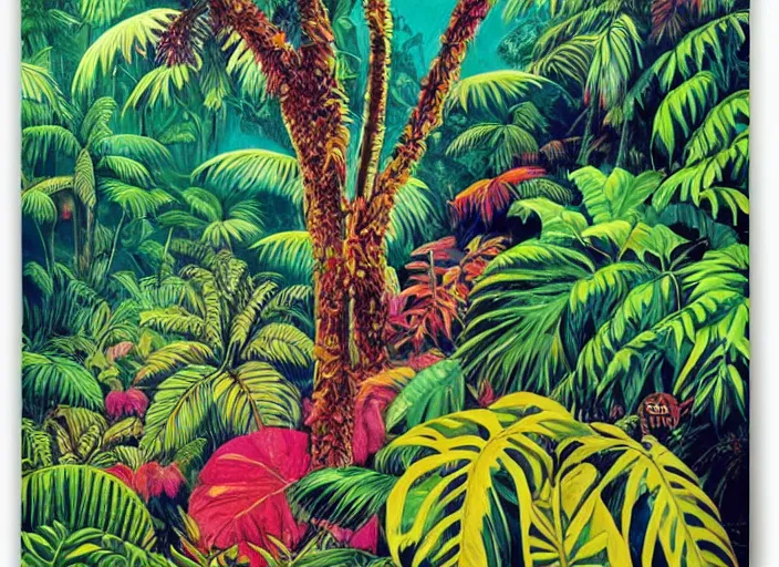 Prompt: illustration of a lush colorful tropical jungle, (retro poster) by Reginald Montague Lander, By Tom Purvis, By Joseph Binder