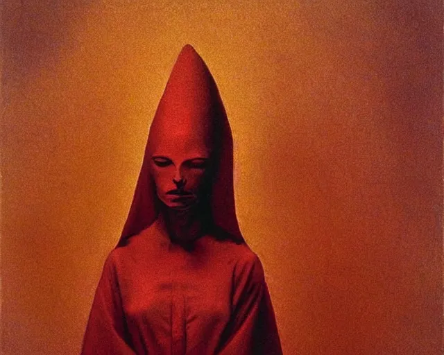 Image similar to by francis bacon, beksinski, mystical redscale photography evocative. devotion to the scarlet!!! woman!!!, priestess in a conical!!! hat, coronation, ritual, sacrament