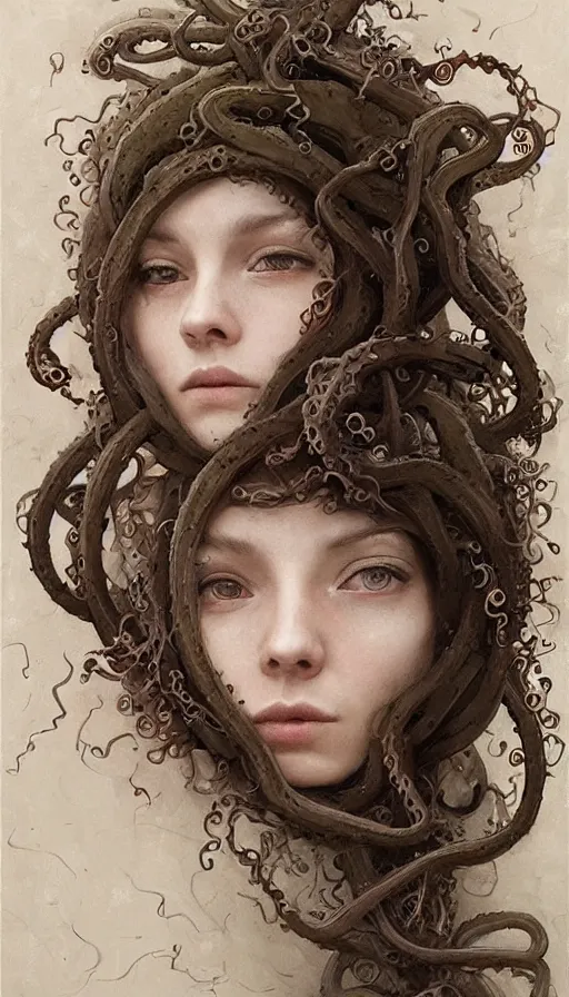 Image similar to very detailed portrait of a 2 0 years old girl surrounded by tentacles, the youg woman visage is blooming from fractal and vines, by jakub rozalski