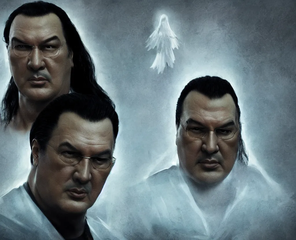 Prompt: dramatic portrait of Steven Seagal from above the law, bloomed lighting, angelic, futuristic, beautiful colors, slightly golden, very sharp likeness, very detailed, chopping hands, electrical details, cinematic lighting high details, 4k, 8k, trending on artstation, ultra-realism