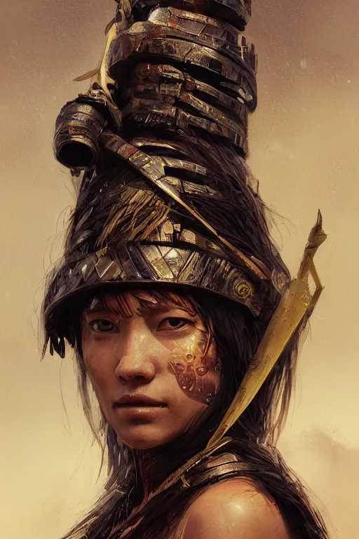 Image similar to a fancy portrait of a tribal women a sci-fi sword by Greg Rutkowski, Sung Choi, Mitchell Mohrhauser, Maciej Kuciara, Johnson Ting, Maxim Verehin, Peter Konig, final fantasy , mythical, 8k photorealistic, cinematic lighting, HD, high details, atmospheric,