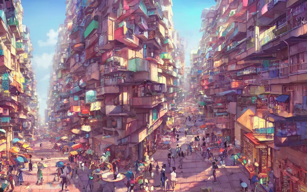Prompt: a bustling city street. the buildings are tall and brightly colored, with a variety of roofs and balconies. the streets are full of people and traffic, and the sound of horns and bells can be heard in the air. anime scenery by makoto shinkai, digital art, ambient lighting, vibrant and moody