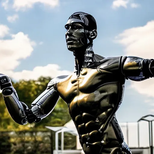 Prompt: a realistic detailed photo of a guy who is an attractive humanoid who is half robot and half humanoid, who is a male android, wrestler adolfo batista, shiny skin, posing like a statue, blank stare, by the pool, on display, showing off his muscles, humanoid robot, frozen ice statue