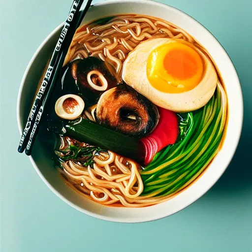 Prompt: A bowl of ramen with RCA cable noodle, 35mm film