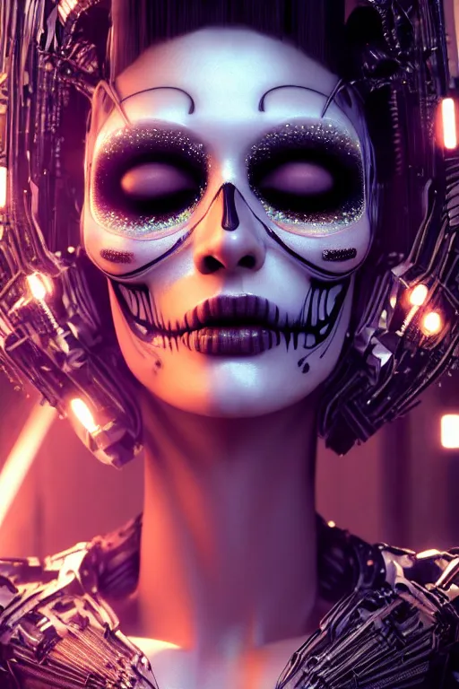 Prompt: beautiful android woman, crying eyes closed!, sharp, photorealistic cinematic, 3 d model, cyborg, postcyberpunk, blade runner, octane render, concept art, vogue, 8 k, intricate detailed environment el dia los muertos. by terry oneill and giger