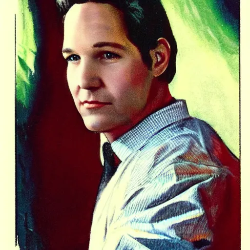 Image similar to “Paul Rudd portrait, color vintage magazine illustration 1950”