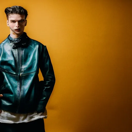 Image similar to a closeup photo of a male model wearing a baggy teal distressed medieval leather menswear jacket by boris bidjan saberi, 4 k, studio lighting, wide angle lens