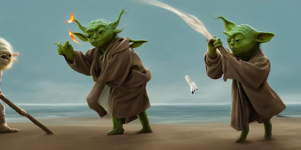 Image similar to Yoda smacking a seagull with a stick, hyperdetailed, artstation, cgsociety, 8k