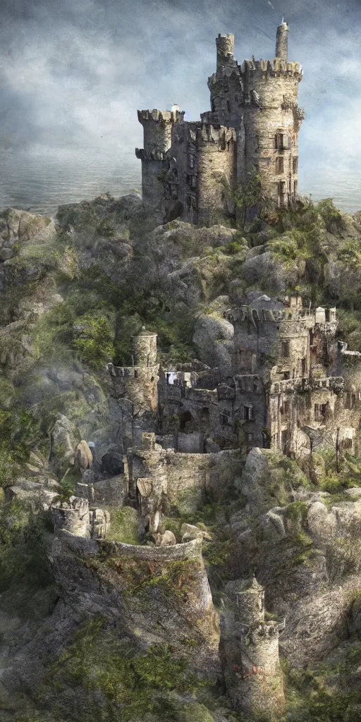 Image similar to a abandoned castle on the edge of a high cliff, 8 k, shallow depth of field, intricate detail, concept art,