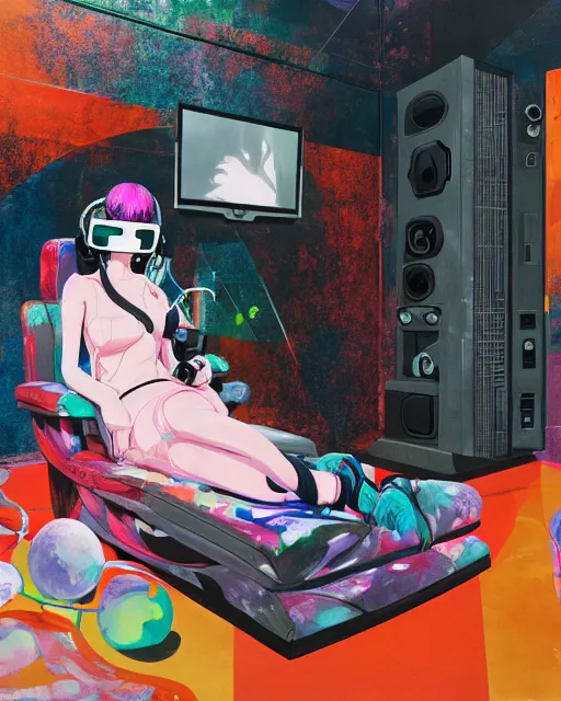 Image similar to a beautiful anime woman reclines in a gaming computer chair wearing a vr headset and headphones holding a game controller, in a domestic interior filled with screens by james jean and luc tuymans and beeple and hernan bas and pat steir and hilma af klint, psychological, 3 d, dripping paint, high quality render, masterpiece