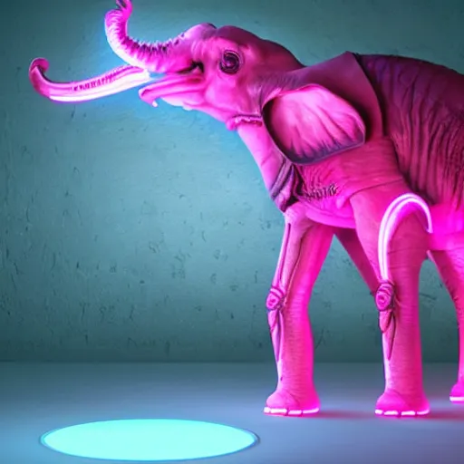 Prompt: a realistic antropomorphic pink elephant dressing necromancer clothes sited in a xenomorphic throne with glow neon eyes, finely detailed, 4 k, photorealistic, cycles engine,