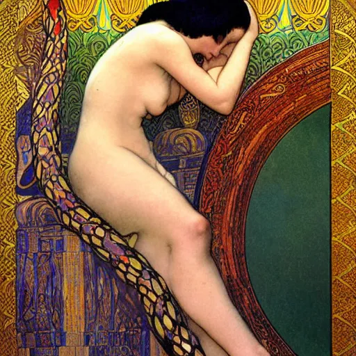 Prompt: louise brooks as cleopatra with coiled serpents beautiful detailed romantic art nouveau lithograph realistic portrait by alphonse mucha, yoshitaka amano, and gustav klimt, photorealism, hauntingly beautiful whirling clouds night sky spirals refined moody dreamscape, digital art