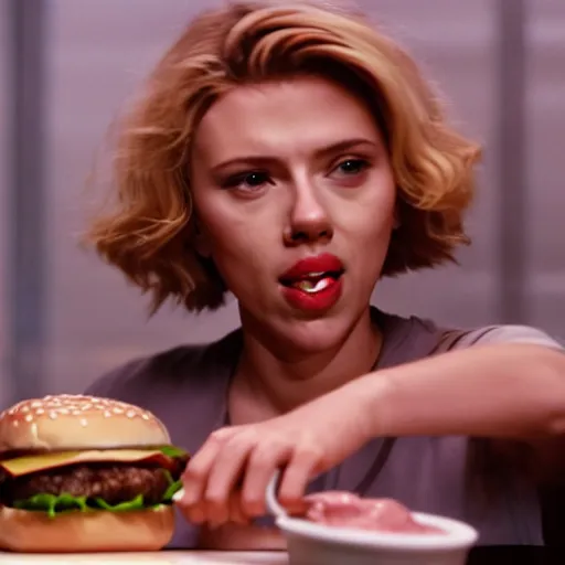 Prompt: Scarlett Johansson performing CPR on a hamburger, dripping BBQ Sauce, serving happy meals, spilling ketchup, 35mm print, hyperreal, emergency room footage