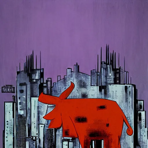 Image similar to by nathan wirth, by john berkey manmade cool violet, cow print. a beautiful installation art of a large, orange monster looming over a cityscape. the monster has several eyes & mouths, & its body is covered in spikes. it seems to be coming towards the viewer, who is looking up at it in fear.