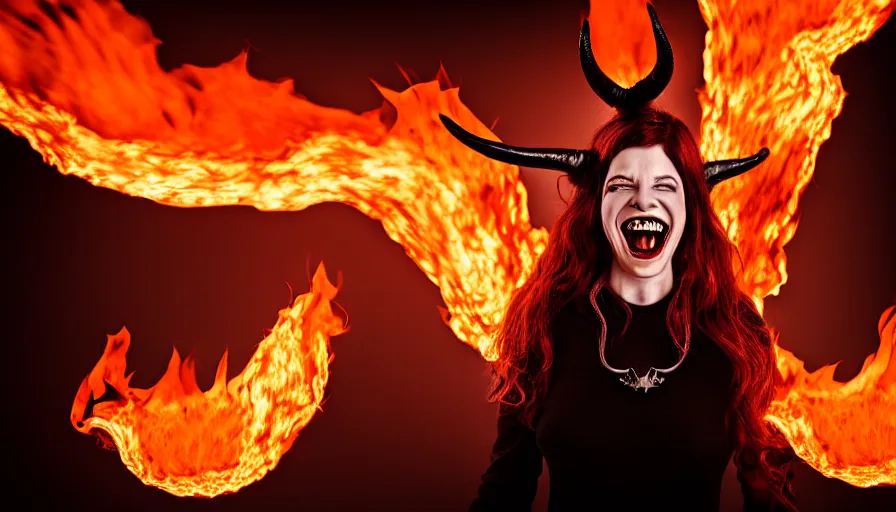 Image similar to portrait of a beatuiful laughing woman with horns made of flames in gothic attire, creepy vibe, studio photography, studio lighting, realistic render, octane render, 4 k, 8 k, face in focus