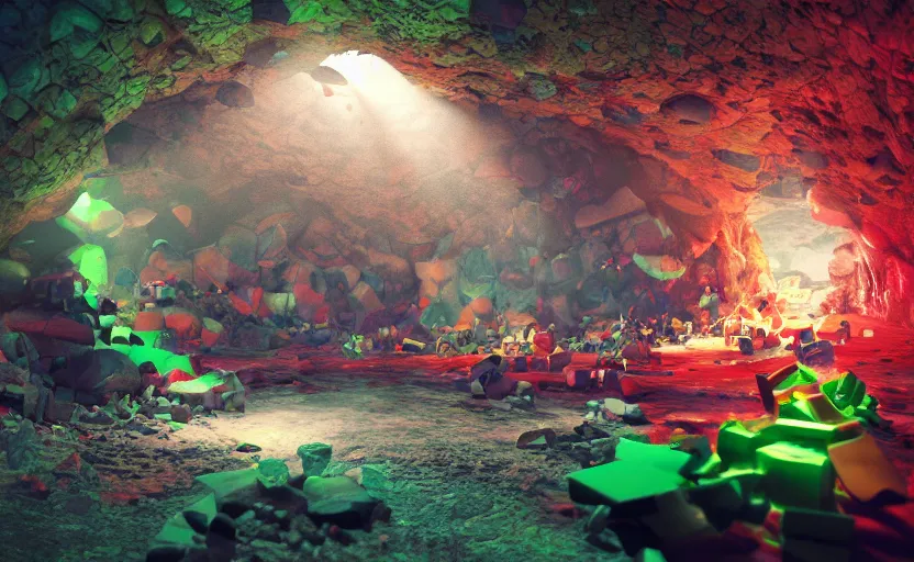 Image similar to mayhem inside the cheese cavern, bright and colorful octane render, high contrast, ray-tracing, natural lighting, 4k, high quality, trending on artstation