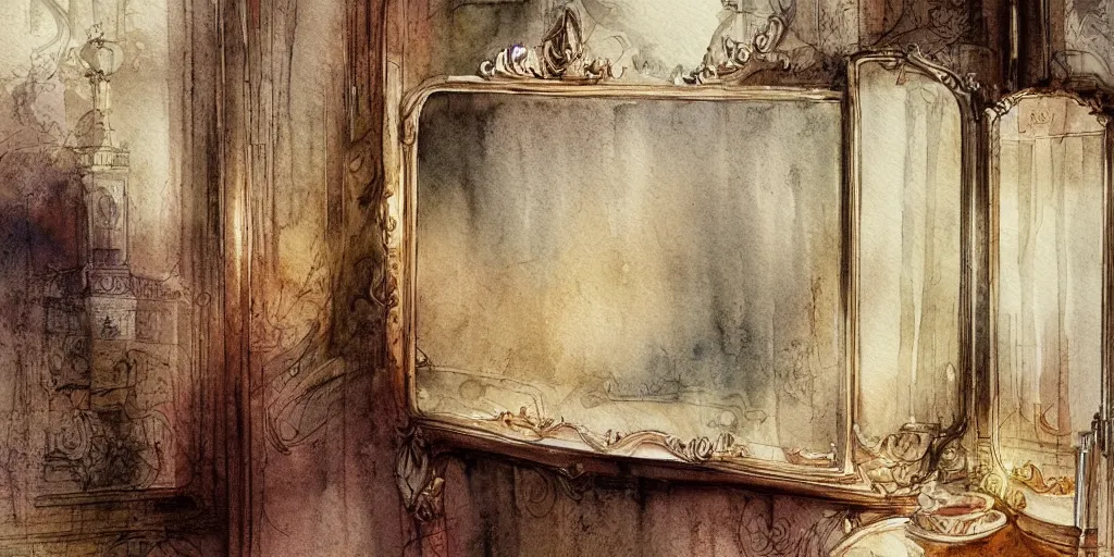 Prompt: a hiper intricate watercolor of a beatiful budoir with mirror, extremely detailed, sharp focus, elegant, wide view, smooth, digital illustration, colorfull, by william turner art, by greg rutowski