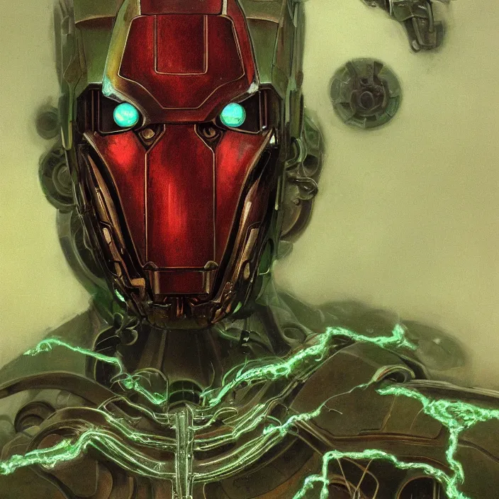 Prompt: portrait of a emerald Ultron from Age of Ultron, clockwork steampunk, head and chest only, by Beksinski, 4k, deviantart, trending on artstation