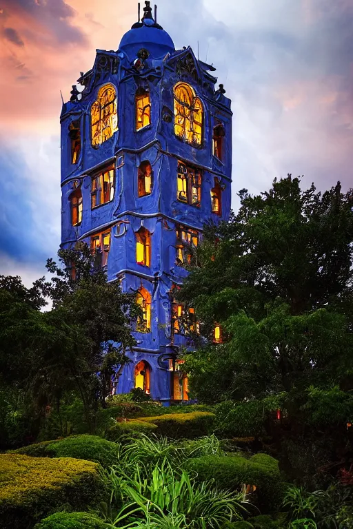 Image similar to view of the mysterious blue tower in its gardens after a storm, tall windows lit up, beautiful ornament, dramatic cinematic lighting, rich colors, by Ludwig Deutsch and April Gornik and Nicholas Roerich and Sylvain Sarrailh