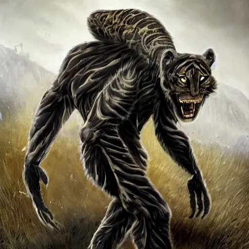 Image similar to a humanoid with cat-like features, yellow eyes, teeth that protrude past the lower lip (sort of like a saber-tooth tiger) and fine grayish fur on their faces and backs of their hands wearing futuristic alien armor and carrying weapons, octane,