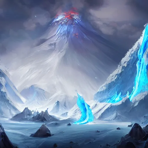 Image similar to blue glacier volcano eruption, blue glacier volcano eruption, blue liquid and snow, blue glacier volcano eruption, snow dust everywhere, snow battlefield, ice cold blue theme, bright masterpiece artstation. 8 k, sharp high quality artwork in style of jose daniel cabrera pena and greg rutkowski, concept art by tooth wu, blizzard warcraft artwork, hearthstone card game artwork