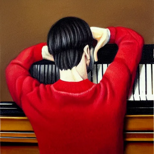 Image similar to An Oil Painting of the back view of Rivers Cuomo in a sweater with long hair and a mustache masterfully playing the piano, hyperrealistic, extremely realistic, highly realistic, HD Quality, 4k resolution, 8k resolution, Detailed, Very Detailed, Highly Detailed, Extremely Detailed, Intricate Details, Real, Very Real, Oil Painting, Digital Painting, Painting, Trending on Deviantart, Trending on Artstation