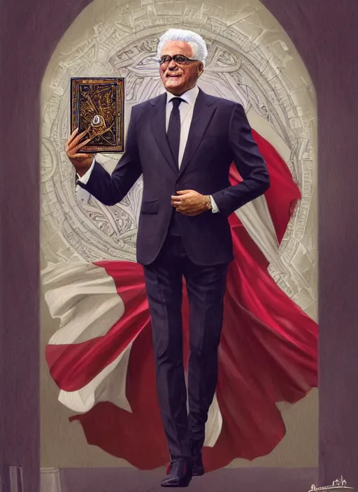 Prompt: sergio mattarella, b, wearing a suit, tarot card, deep focus, d & d, fantasy, intricate, elegant, highly detailed, digital painting, artstation, concept art, matte, sharp focus, italian flag, illustration, hearthstone, art by artgerm and greg rutkowski and alphonse mucha