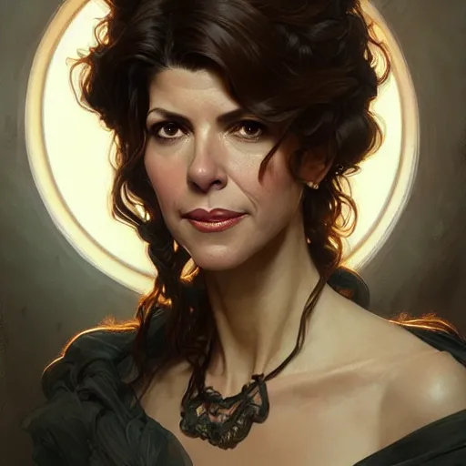 Image similar to Marisa Tomei as Madame Webb, western, D&D, fantasy, intricate, elegant, highly detailed, digital painting, artstation, concept art, matte, sharp focus, illustration, art by Artgerm and Greg Rutkowski and Alphonse Mucha