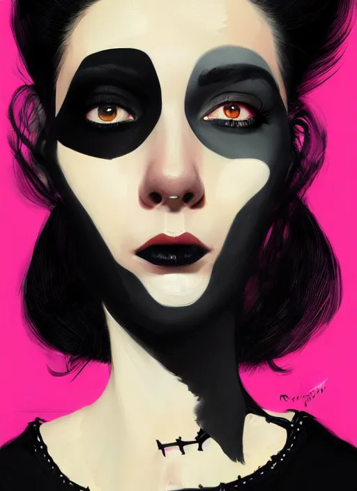 Image similar to portrait of a fun young woman with a crooked nose and a confident expression, 1 9 6 0 s, black clothes, goth, punk, brightly coloured hair, funk, intricate, elegant, highly detailed, digital painting, artstation, concept art, smooth, sharp focus, illustration, art by wlop, mars ravelo and greg rutkowski