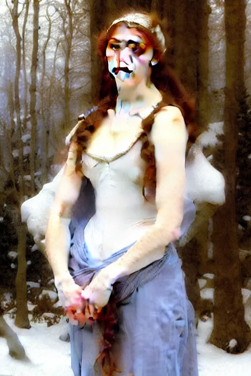 Prompt: snow queen in furry ice cold, painting by rossetti bouguereau, detailed art, artstation