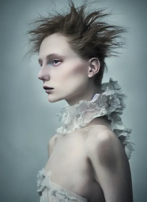 Image similar to Kodak Portra 400, 8K, soft light, volumetric lighting, highly detailed, fine art portrait photography in style of Paolo Roversi, britt marling style 3/4 face merging with stormy clouds in metamorphosis complex 3d render , 150 mm lens, art nouveau fashion embroidered, intricate details, elegant, hyper realistic, ultra detailed, octane render, etheric, outworldly colours, emotionally evoking, head in focus, fantasy, ornamental, intricate, elegant, 8K, soft light, volumetric lighting, highly detailed, Refined, Highly Detailed, soft lighting colors scheme, fine art photography, Hyper realistic, photo realistic