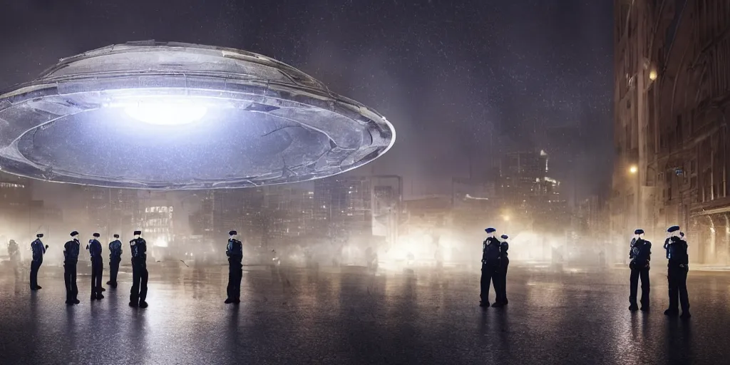 Image similar to policemen protect a huge spiral - shaped luminous object right in the center of the city from protesting people, night, rain and light fog, professional lighting, concept art in 3 d, high detail, professional lighting